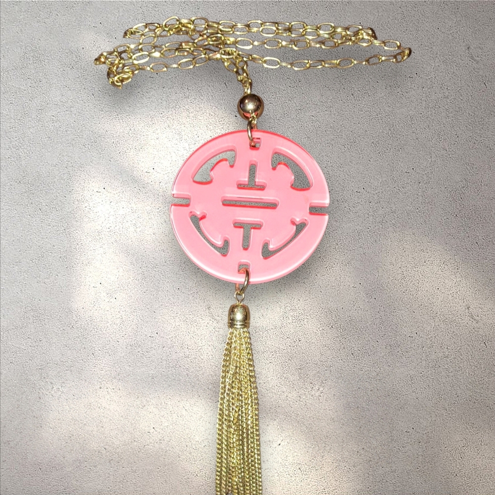 Zenzii tassel Necklace Long Goldtone Chain Pink Resin Statement